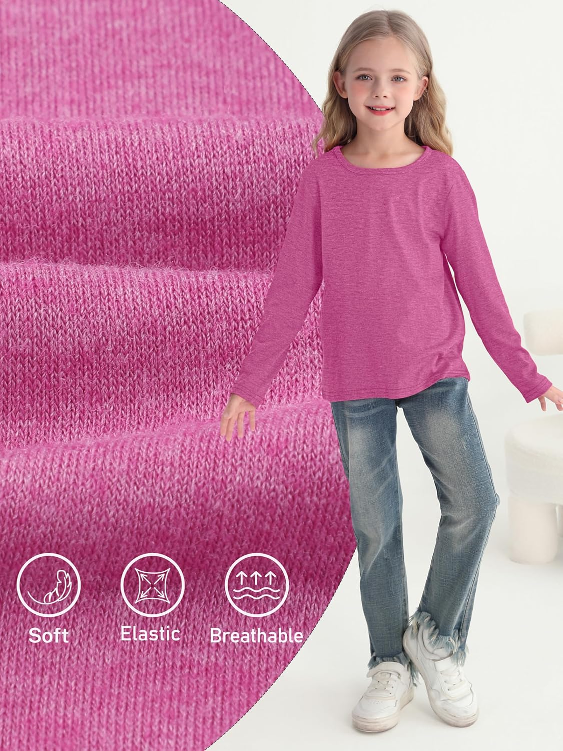 5 Pack Girls Long Sleeve Shirts Kids Basic Tees Layering Clothes Tagless
