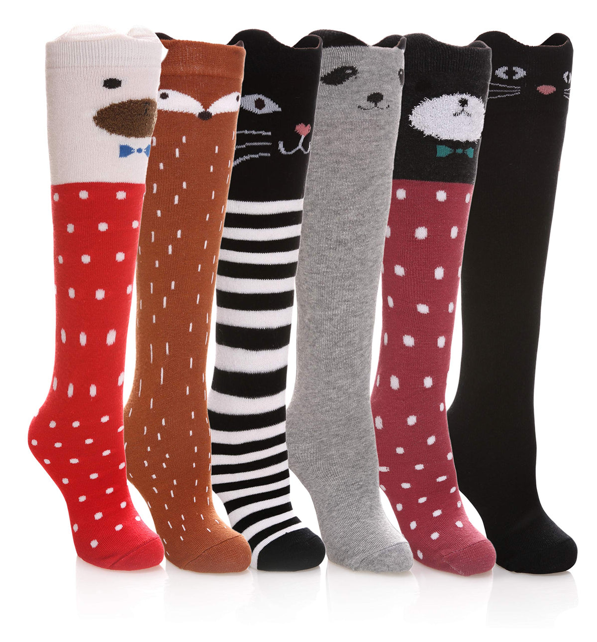 FNOVCO Girls Knee High Socks Kids Crazy Fun Gift Cute Animal Patterns Cotton Long Socks 6 Pairs