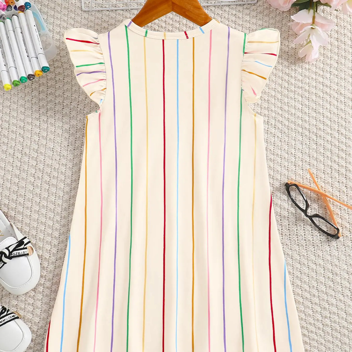 Toddler Girl's Colorful Crayon Striped Print Ruffle Trim A-Line Dress, Cute Flutter Sleeve Dress for Daily Outdoor Wear, Toddler Summer Dresses, Striped Pattern Dress, Kids Summer Clothing