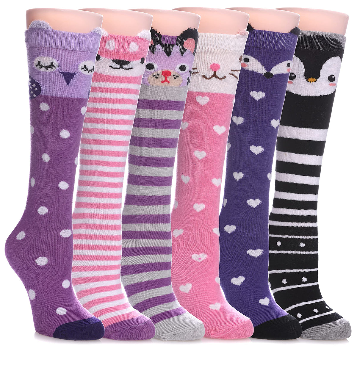 FNOVCO Girls Knee High Socks Kids Crazy Fun Gift Cute Animal Patterns Cotton Long Socks 6 Pairs