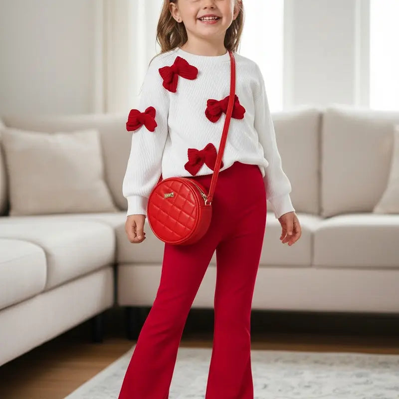 This Charming Chic Kids White Ribbed Sweater with Unique 3D Red Bows & Eye-catching Red Flared Trousers Outfit is Picture-Perfect Ideal for Holiday Photo Shoots Special Occasions or a Stylish Fall/Winter Wardrobe Comfy & Cute Toddler Girl FashionStatement