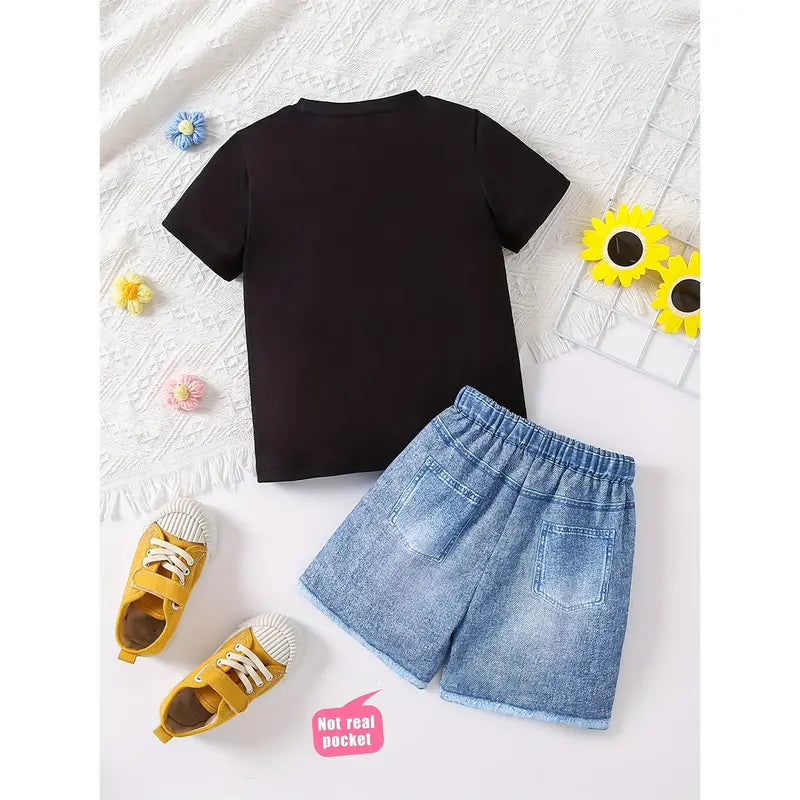 Girls' Casual Tees Set - 2-Piece Short-Length Polyester-Elastane Blend, Floral Print Knit Tee, Faux Denim Shorts with Fake Pockets, Round Neck, Regular Fit, Machine Washable Summer Wear, Sizes 4-5Y,5-6Y,7-8Y,9-10Y