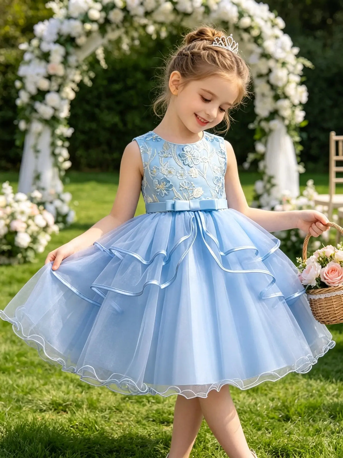 Girls' Flower Embroidery Belted Tulle Dress, Elegant Sleeveless Round Neck Formal  Dress for Party Wedding Guest, Kids Clothes for All Seasons