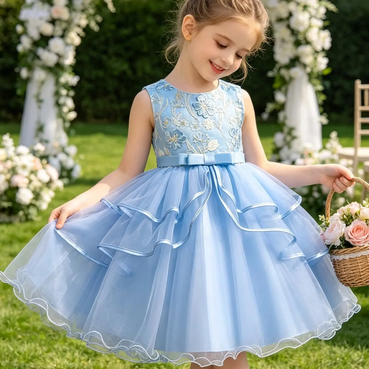 Girls' Flower Embroidery Belted Tulle Dress, Elegant Sleeveless Round Neck Formal  Dress for Party Wedding Guest, Kids Clothes for All Seasons
