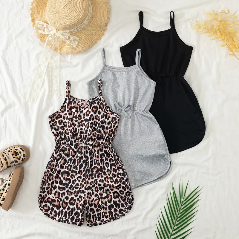 Girls' 3-Piece Sleeveless Cami Romper Matching Outfits Set (4-7 Years) - Floral, Leopard Prints & Solids for New Looks, Adjustable Bow, Fitted Cut Summer Casual Beach Vacation Jumpsuit Outfit