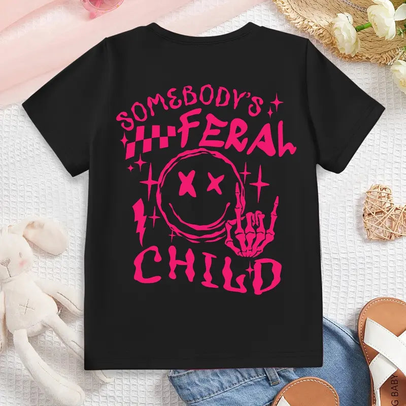 PUEMCO Toddler Girls' Edgy Feral Style Graphic T-Shirt - Retro Pink Skeleton Hand Smiley Face, Breathable Cotton Helps Her Stay Cool, Crack-proof Short Sleeve Kids Clothing Girls Toddler Fashion