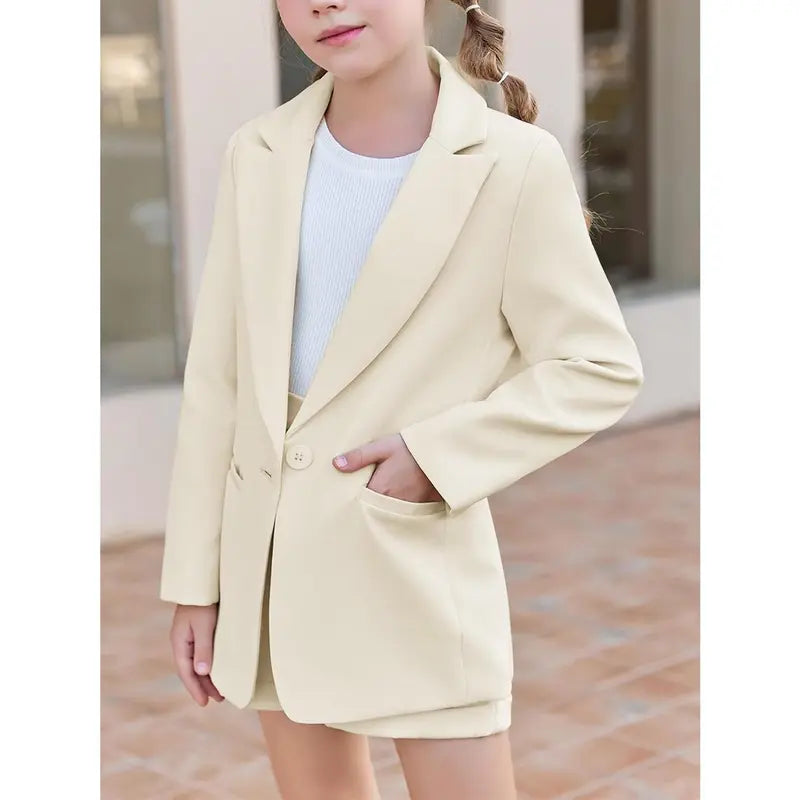 Girls 2 Piece Outfits Button Front Long Sleeve Blazer and Short Pants Suit Sets 4-14 Years