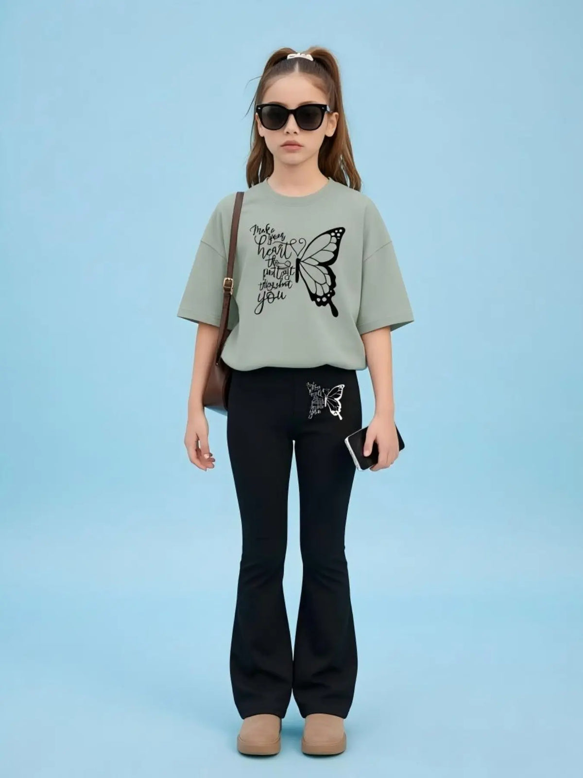 2pcs Girls' Summer Fashion Casual Lightweight Cartoon Print Drop Shoulder Short Sleeve T-Shirt + Elastic Bell Pants Summer Clothes Set Outfit, Cute Fitted for All Seasons