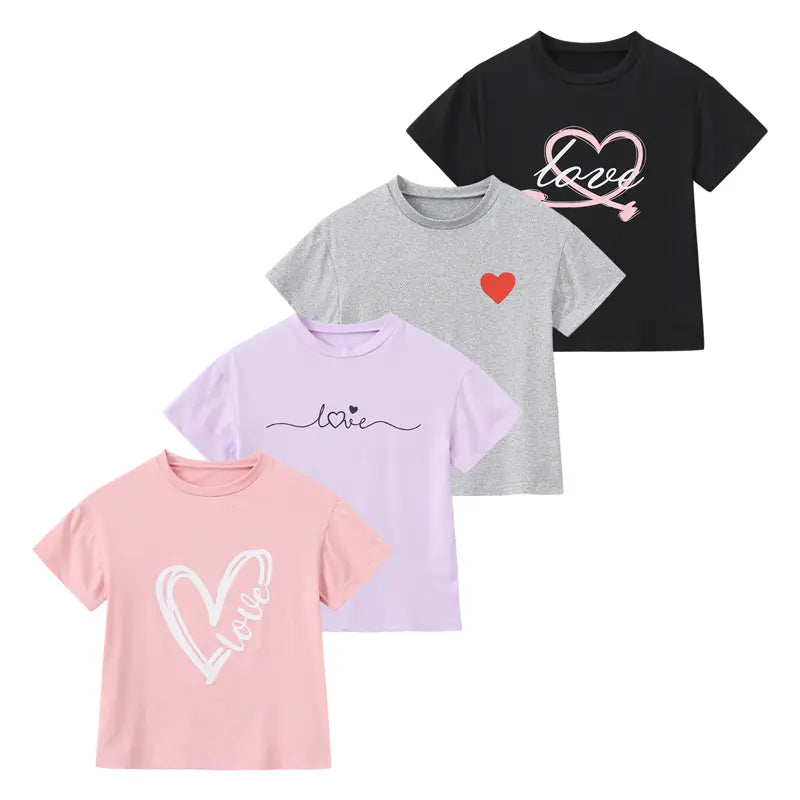 4-Pack Spring and Summer Girls' Fresh Style T-Shirts with Heart Print, Breathable and Comfortable, Sweet Summer Printed Short Sleeves for Children Crew Neck Tshirt Graphic Tee Cute Summer Tshirt Casual Soft Shirt