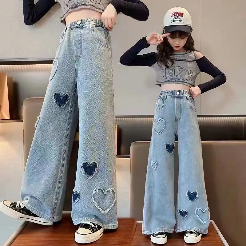 Girls' Denim Jeans, Spring & Autumn New Loose Casual Straight-Wide Leg Style with Heart Love Patch, Kids Clothing Girls Casual Bottoms,back to school