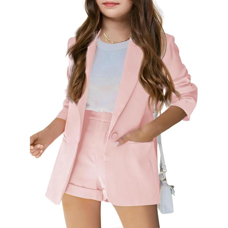 Girls 2 Piece Outfits Button Front Long Sleeve Blazer and Short Pants Suit Sets 4-14 Years