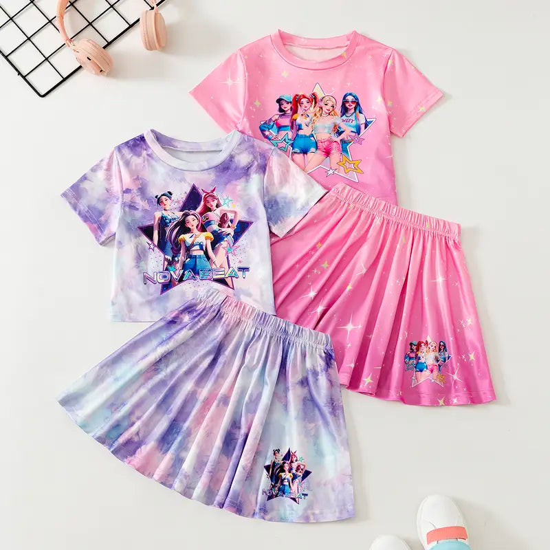Kpop  2-Piece Cute RuffleSleeve Nightgowns,Girls Nova Beat Cartoon Pajama Set,Soft Cotton Kids Sleepwear，Spring Summer Girls' Sleeveless Casual Dress Set, Cute Cartoon Pattern, Comfortable Soft Fabric, Perfect for Daily Wear