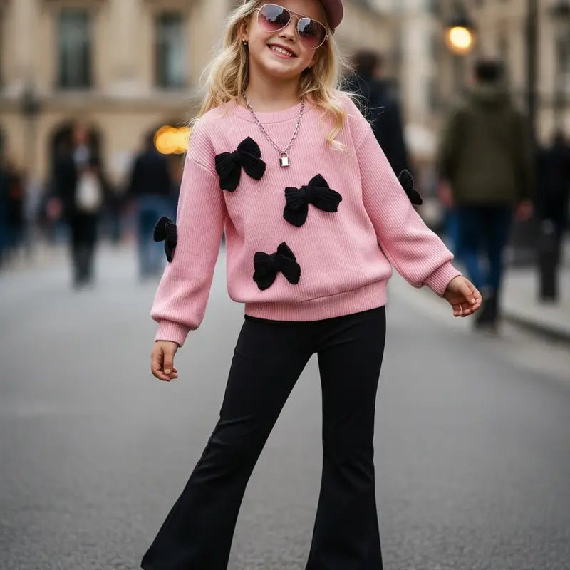 This Charming Chic Kids White Ribbed Sweater with Unique 3D Red Bows & Eye-catching Red Flared Trousers Outfit is Picture-Perfect Ideal for Holiday Photo Shoots Special Occasions or a Stylish Fall/Winter Wardrobe Comfy & Cute Toddler Girl FashionStatement