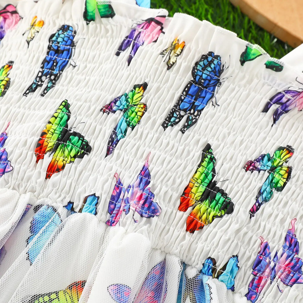 Young Girls Summer Casual Dress, Sleeveless Design, Butterfly Print Pattern, Sweet Style, Colorful Netted Hem Princess Gown, Dresses for Summer, Sundress