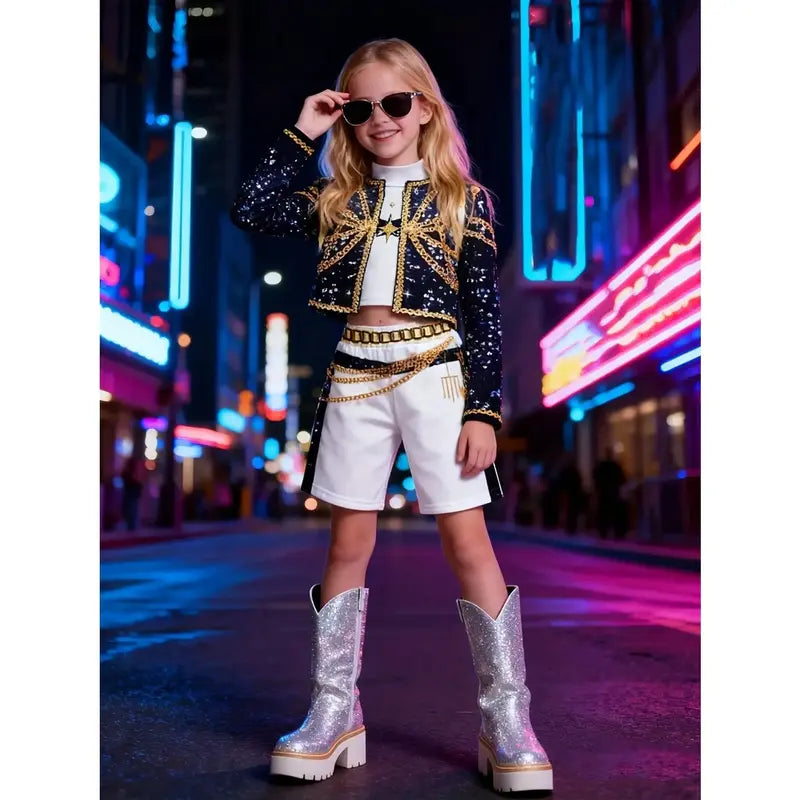 Girls' Character Themed Costume Set, 3-Piece Golden Knit Outfit with Crop Top for Halloween Parties & Pretend Play, Costume For Parties, Pretend Play Costume