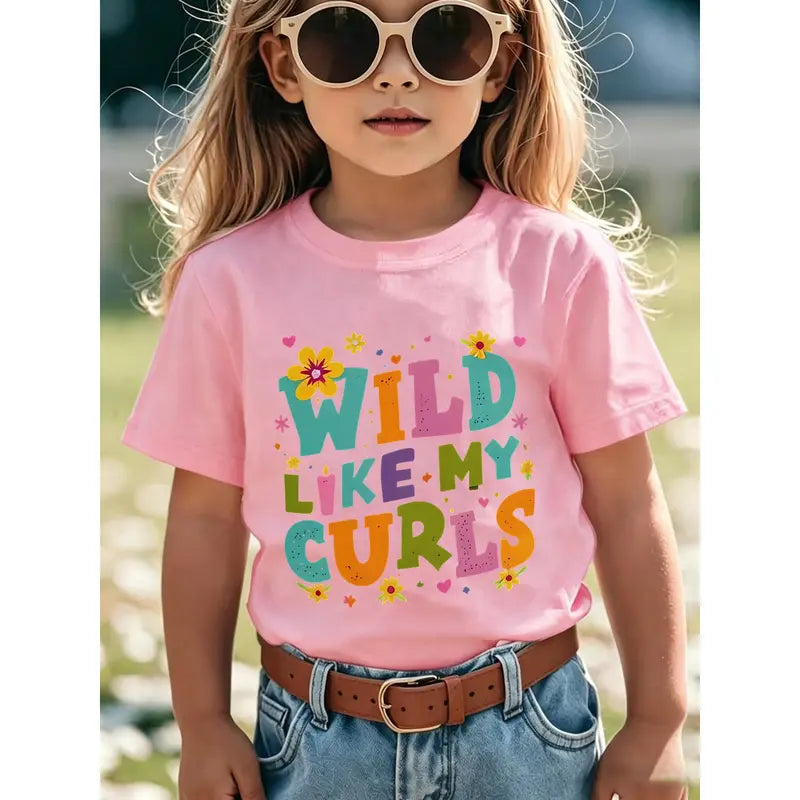 PUEMCO Girls' Cotton Graphic Tees - 2-3y,4-5y,5-6y,6-7y Sizes, 3-4 Years Short Sleeves Scoop Neck Top, Retro Multicolor Bubble Letters Daisy Heart Confetti Print, Wild Like My Curls Curly Hair Pride Casual Outfit, Confidence Gift