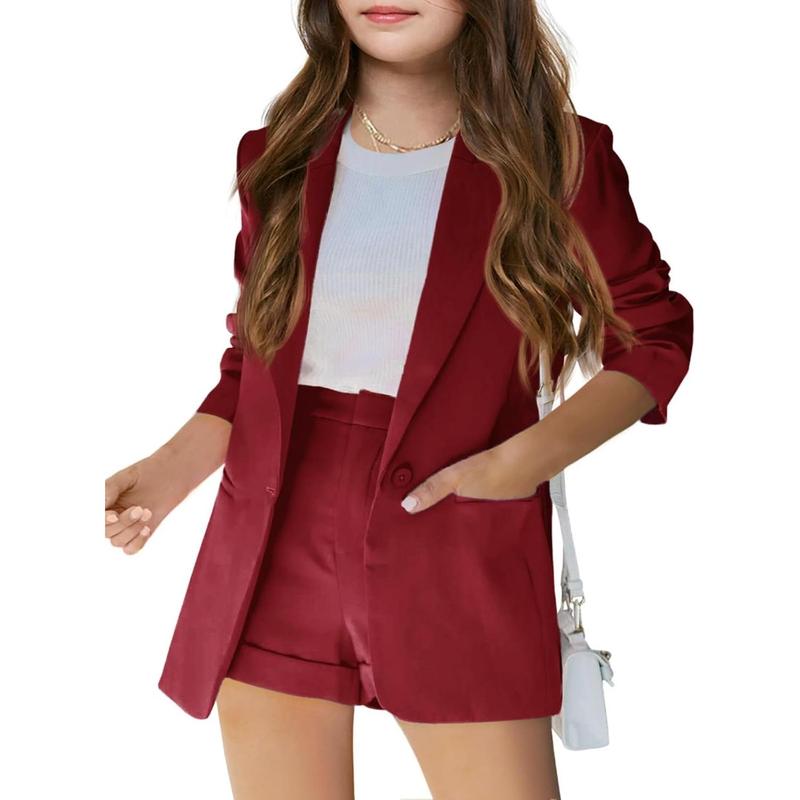 Girls 2 Piece Outfits Button Front Long Sleeve Blazer and Short Pants Suit Sets 4-14 Years