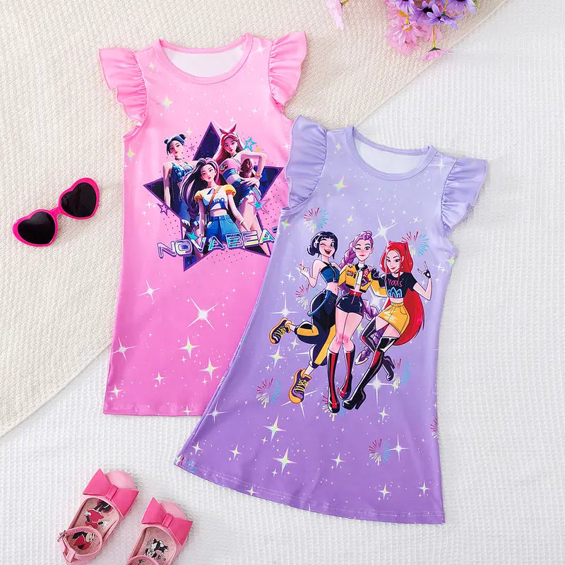 Kpop  2-Piece Cute RuffleSleeve Nightgowns,Girls Nova Beat Cartoon Pajama Set,Soft Cotton Kids Sleepwear，Spring Summer Girls' Sleeveless Casual Dress Set, Cute Cartoon Pattern, Comfortable Soft Fabric, Perfect for Daily Wear