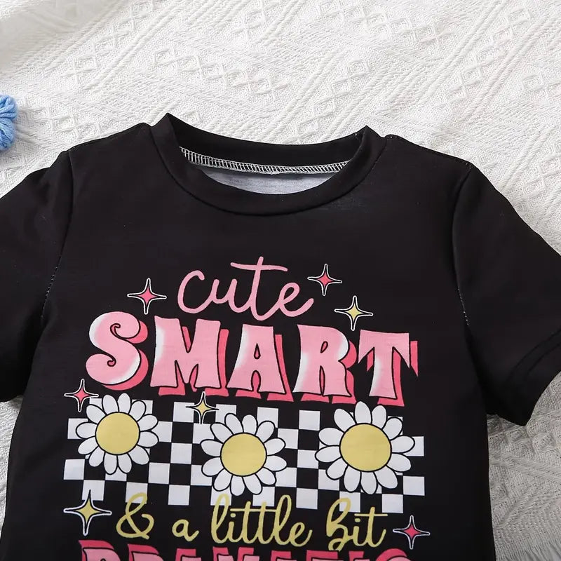 Girls' Casual Tees Set - 2-Piece Short-Length Polyester-Elastane Blend, Floral Print Knit Tee, Faux Denim Shorts with Fake Pockets, Round Neck, Regular Fit, Machine Washable Summer Wear, Sizes 4-5Y,5-6Y,7-8Y,9-10Y